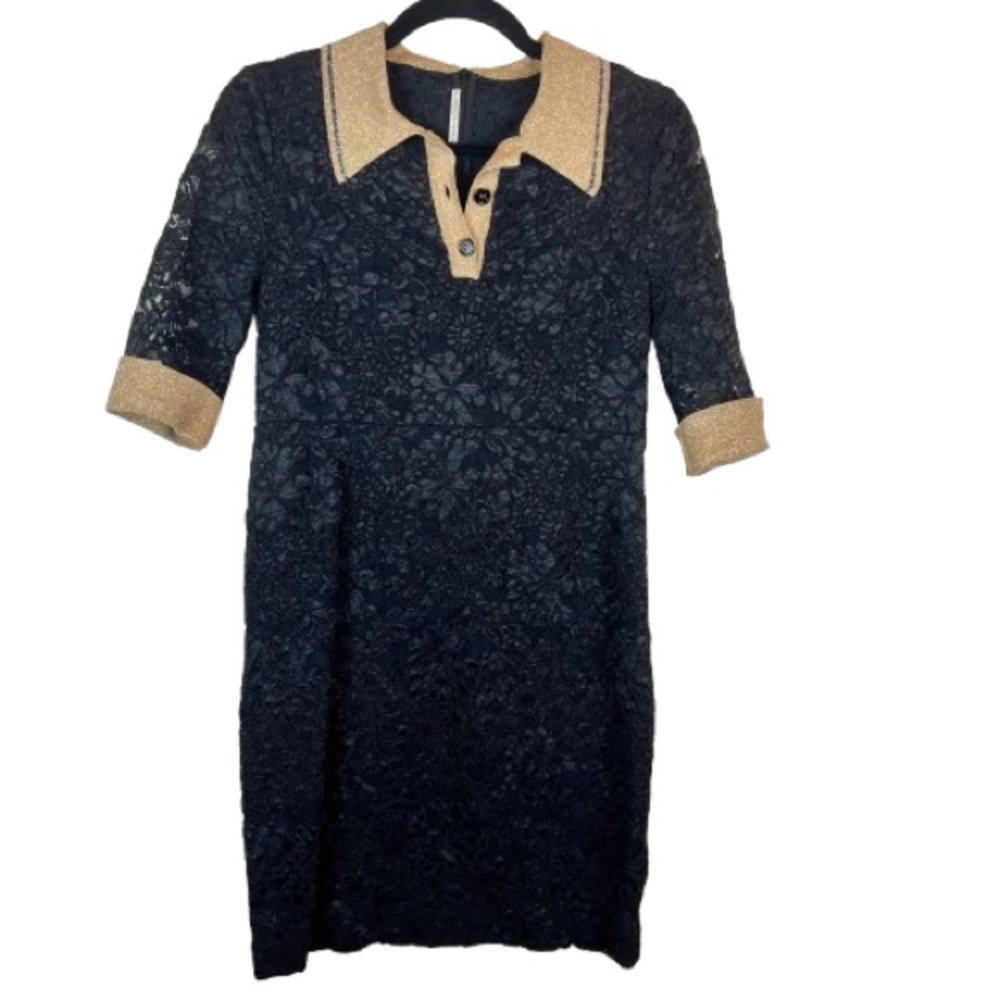 Alessandra Rich Black Floral Lace Dress Gold Metallic Collar & Cuffs Retro Mod S